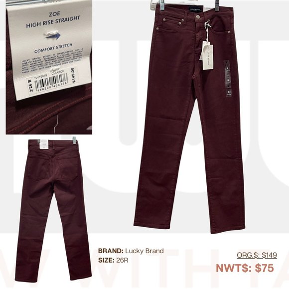 Lucky Brand, Zoe High Rise Maroon Pants, 26R, NWT - Picture 1 of 1